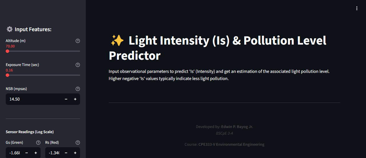 Light intensity and pollution predictor